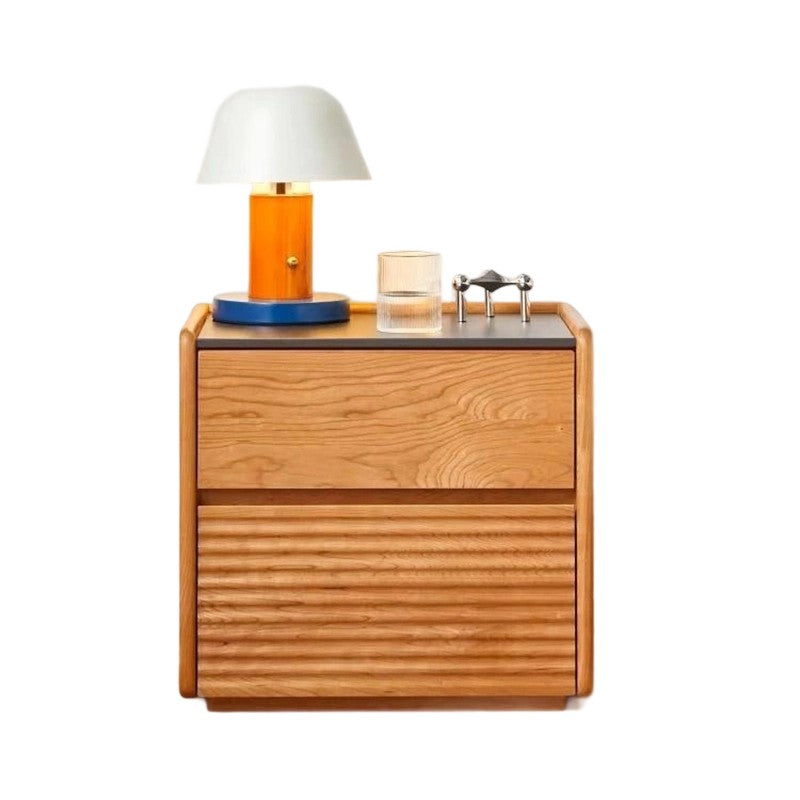 Modern Minimalist Square Rock Plate Pine Wood Cherry Wood Metal Nightstand 2-Drawer For Bedroom
