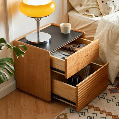 Modern Minimalist Square Rock Plate Pine Wood Cherry Wood Metal Nightstand 2-Drawer For Bedroom