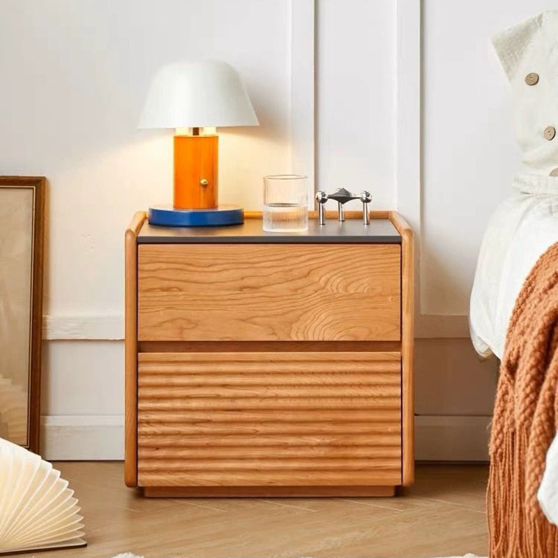 Modern Minimalist Square Rock Plate Pine Wood Cherry Wood Metal Nightstand 2-Drawer For Bedroom