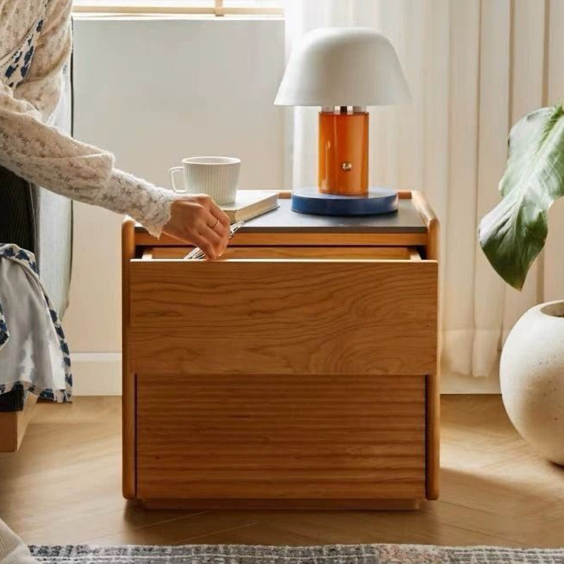 Modern Minimalist Square Rock Plate Pine Wood Cherry Wood Metal Nightstand 2-Drawer For Bedroom