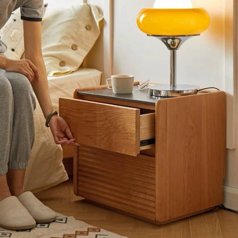 Modern Minimalist Square Rock Plate Pine Wood Cherry Wood Metal Nightstand 2-Drawer For Bedroom