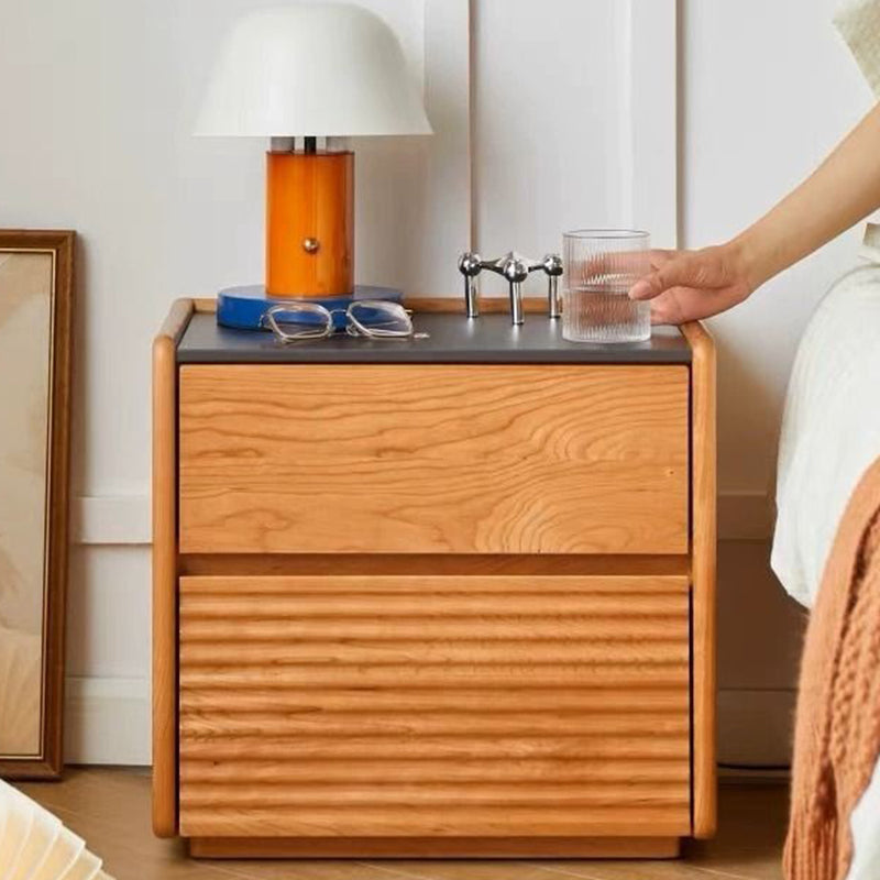 Modern Minimalist Square Rock Plate Pine Wood Cherry Wood Metal Nightstand 2-Drawer For Bedroom
