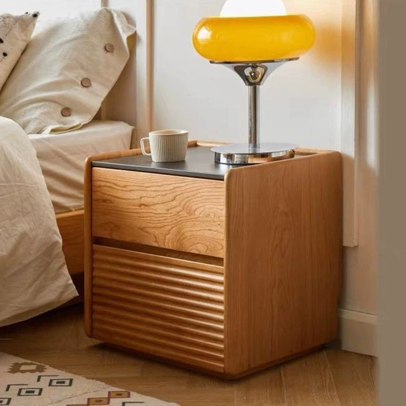 Modern Minimalist Square Rock Plate Pine Wood Cherry Wood Metal Nightstand 2-Drawer For Bedroom