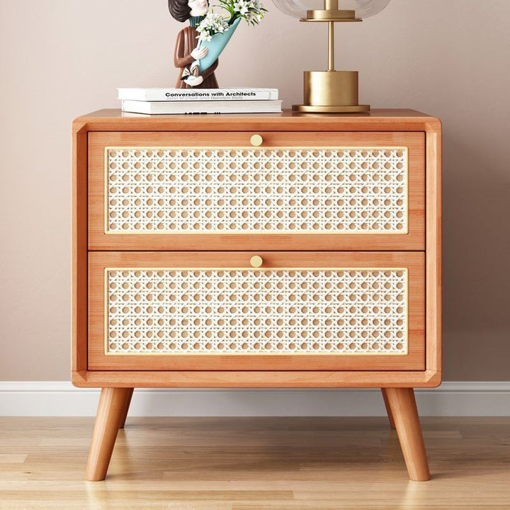 Traditional Rustic Rectangular Rubberwood Pine Wood Plywood Metal Rattan Weaving Nightstand 2-Drawer For Bedroom