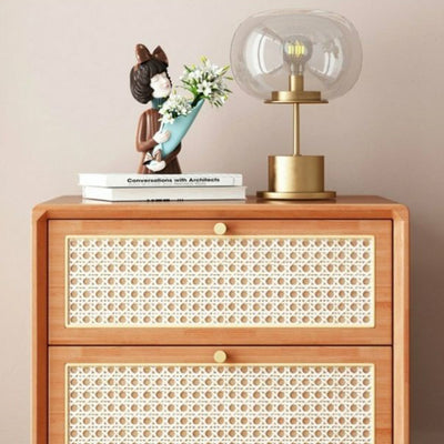 Traditional Rustic Rectangular Solid Wood Metal Rattan Weaving Nightstand 2-Drawer For Bedroom