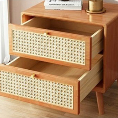 Traditional Rustic Rectangular Solid Wood Metal Rattan Weaving Nightstand 2-Drawer For Bedroom