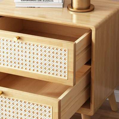 Traditional Rustic Rectangular Solid Wood Metal Rattan Weaving Nightstand 2-Drawer For Bedroom