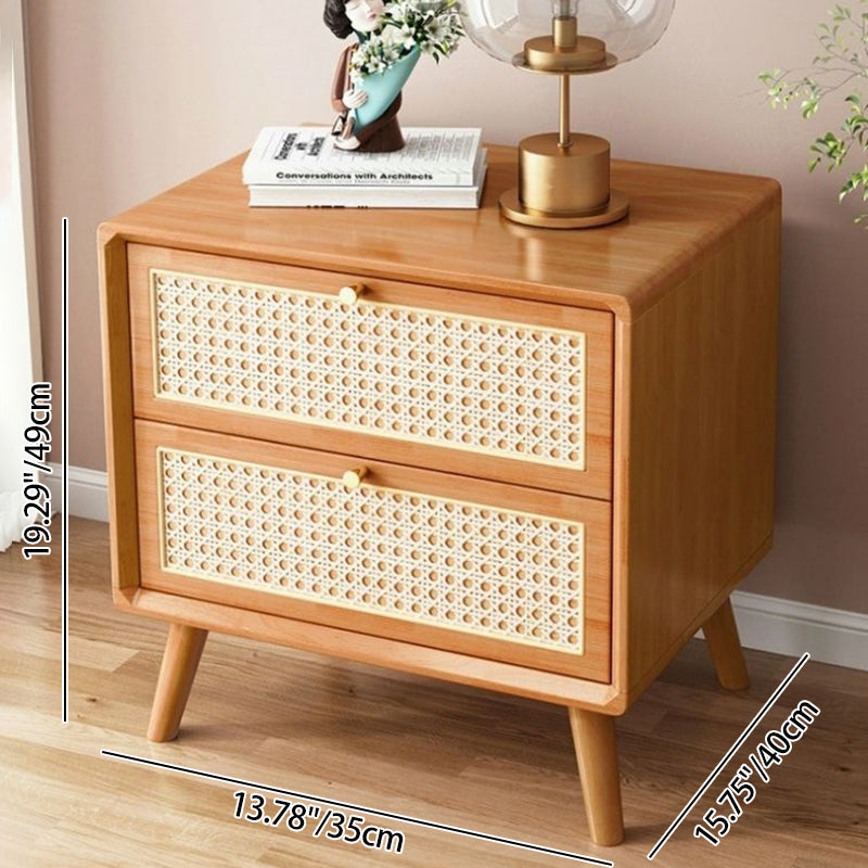 Traditional Rustic Rectangular Solid Wood Metal Rattan Weaving Nightstand 2-Drawer For Bedroom