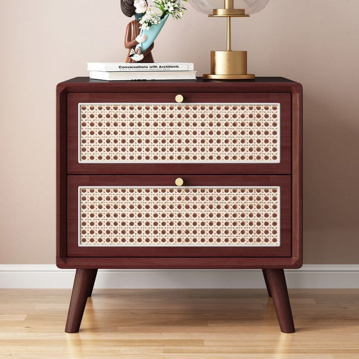 Traditional Rustic Rectangular Rubberwood Pine Wood Plywood Metal Rattan Weaving Nightstand 2-Drawer For Bedroom