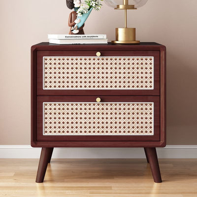 Traditional Rustic Rectangular Solid Wood Metal Rattan Weaving Nightstand 2-Drawer For Bedroom