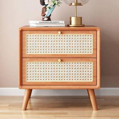 Traditional Rustic Rectangular Solid Wood Metal Rattan Weaving Nightstand 2-Drawer For Bedroom