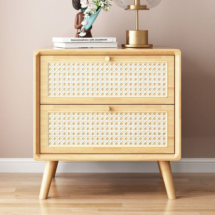 Traditional Rustic Rectangular Rubberwood Pine Wood Plywood Metal Rattan Weaving Nightstand 2-Drawer For Bedroom