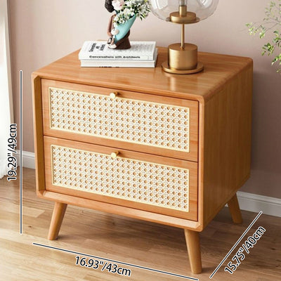 Traditional Rustic Rectangular Solid Wood Metal Rattan Weaving Nightstand 2-Drawer For Bedroom
