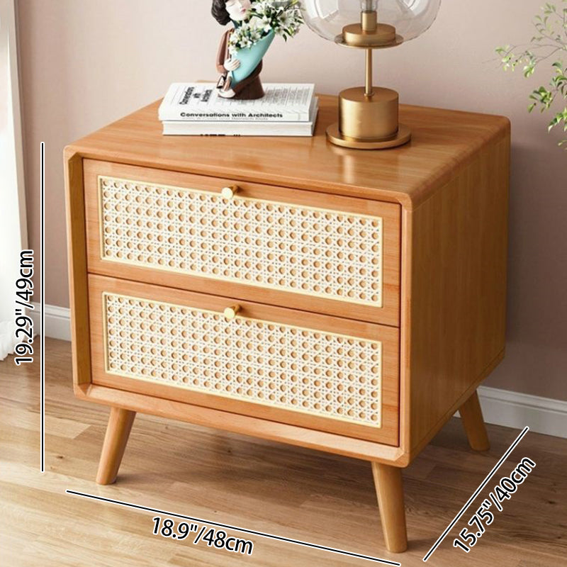 Traditional Rustic Rectangular Solid Wood Metal Rattan Weaving Nightstand 2-Drawer For Bedroom