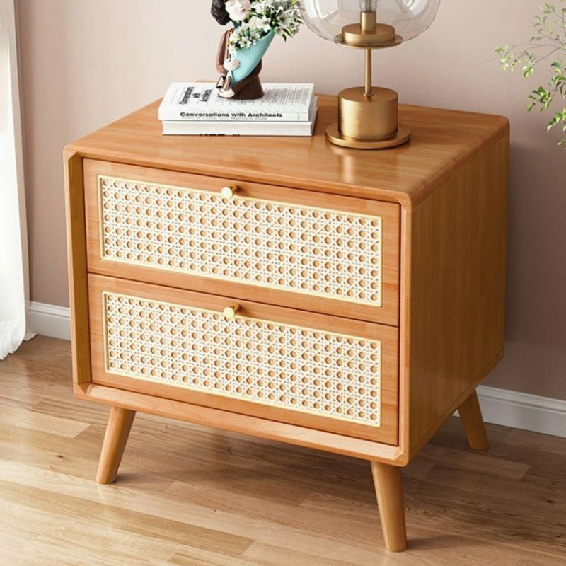 Traditional Rustic Rectangular Solid Wood Metal Rattan Weaving Nightstand 2-Drawer For Bedroom