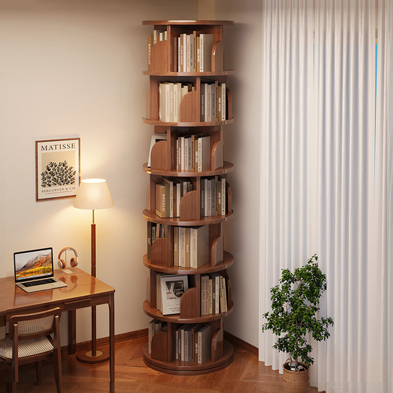 7-Tier Modern Minimalist Cylindrical Bamboo Metal & MDF Rotatable Floor-Standing Bookshelf