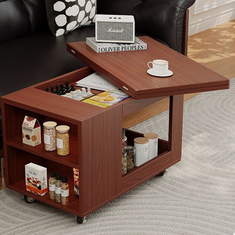 Modern Minimalist Movable Rectangular Solid Wood Rubber Foldable Coffee Table 2-Tier For Living Room