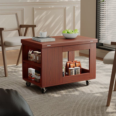 Modern Minimalist Movable Rectangular Solid Wood Rubber Foldable Coffee Table 2-Tier For Living Room