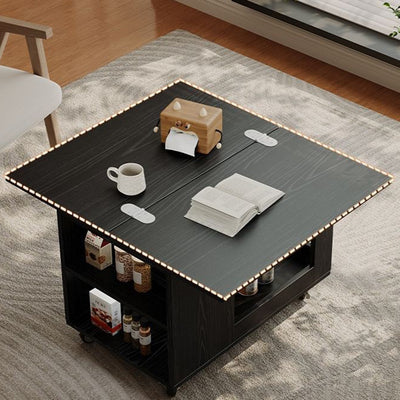 Modern Minimalist Movable Rectangular Solid Wood Rubber Foldable Coffee Table 2-Tier For Living Room