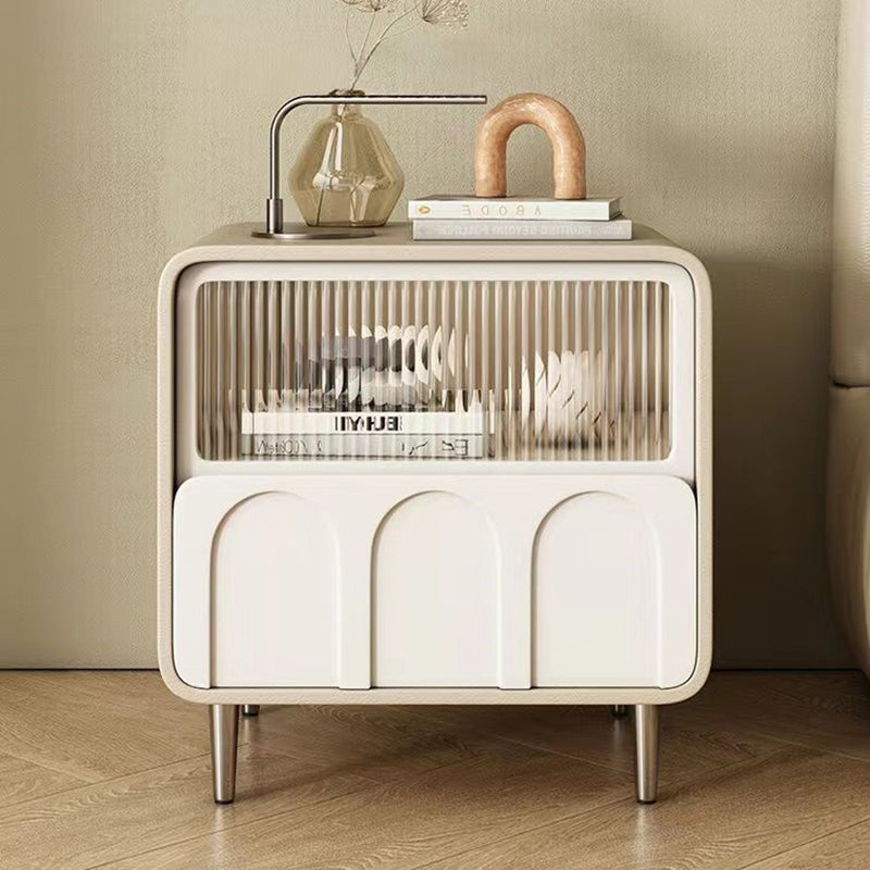 Contemporary Luxury Square Microfiber Leather Fiberboard Pine Wood Glass Nightstand 1-Drawer For Bedroom