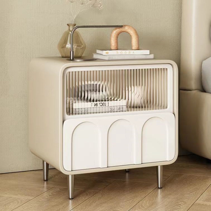 Contemporary Luxury Square Microfiber Leather Fiberboard Pine Wood Glass Nightstand 1-Drawer For Bedroom