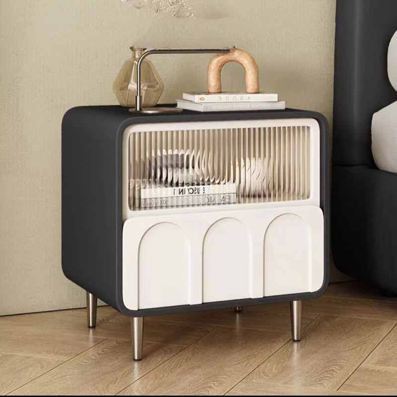 Contemporary Luxury Square Microfiber Leather Fiberboard Pine Wood Glass Nightstand 1-Drawer For Bedroom