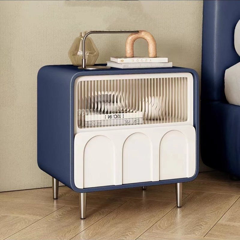Contemporary Luxury Square Microfiber Leather Fiberboard Pine Wood Glass Nightstand 1-Drawer For Bedroom