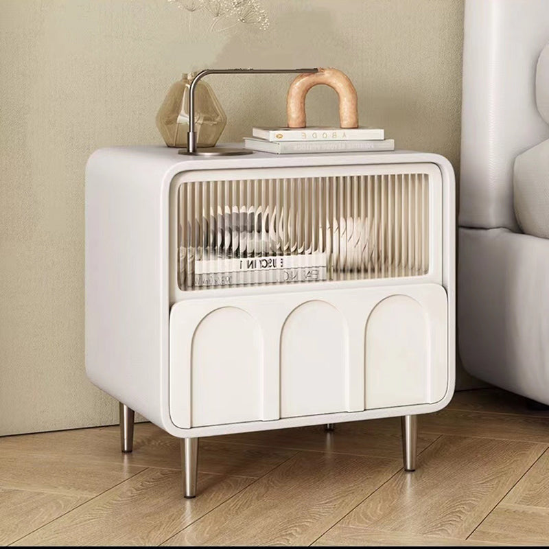 Contemporary Luxury Square Microfiber Leather Fiberboard Pine Wood Glass Nightstand 1-Drawer For Bedroom