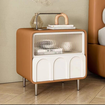 Contemporary Luxury Square Microfiber Leather Fiberboard Pine Wood Glass Nightstand 1-Drawer For Bedroom
