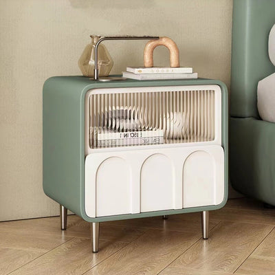 Contemporary Luxury Square Microfiber Leather Fiberboard Pine Wood Glass Nightstand 1-Drawer For Bedroom