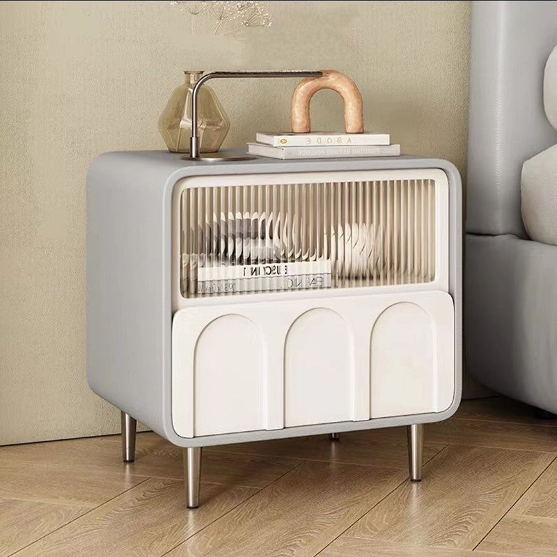 Contemporary Luxury Square Microfiber Leather Fiberboard Pine Wood Glass Nightstand 1-Drawer For Bedroom
