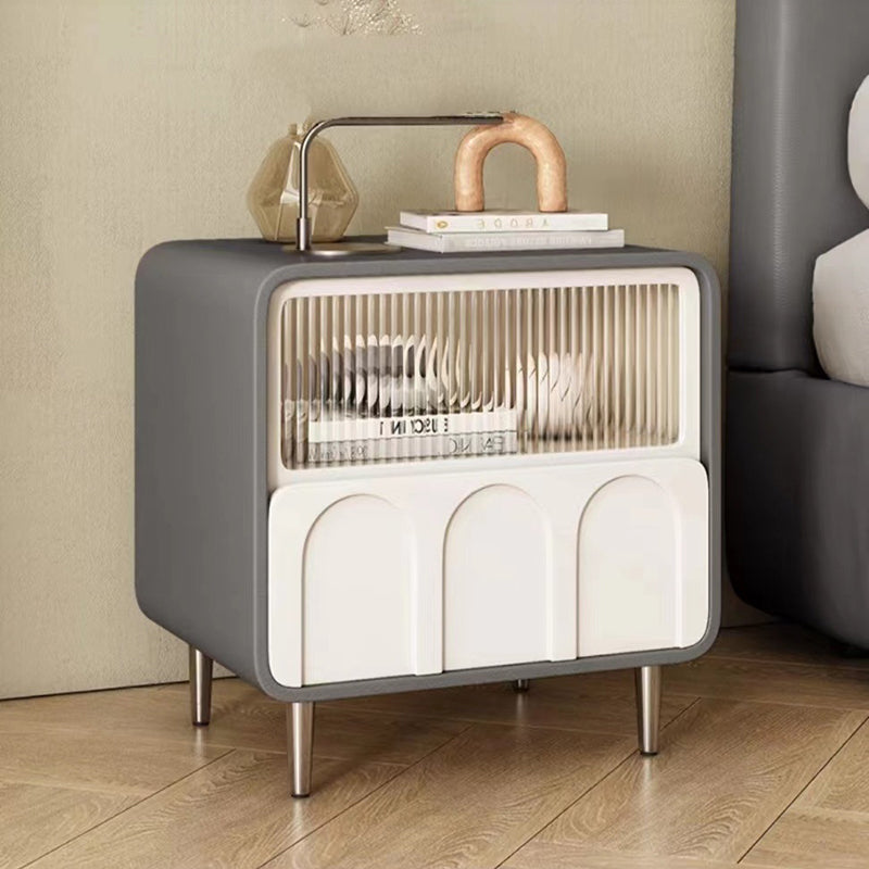 Contemporary Luxury Square Microfiber Leather Fiberboard Pine Wood Glass Nightstand 1-Drawer For Bedroom
