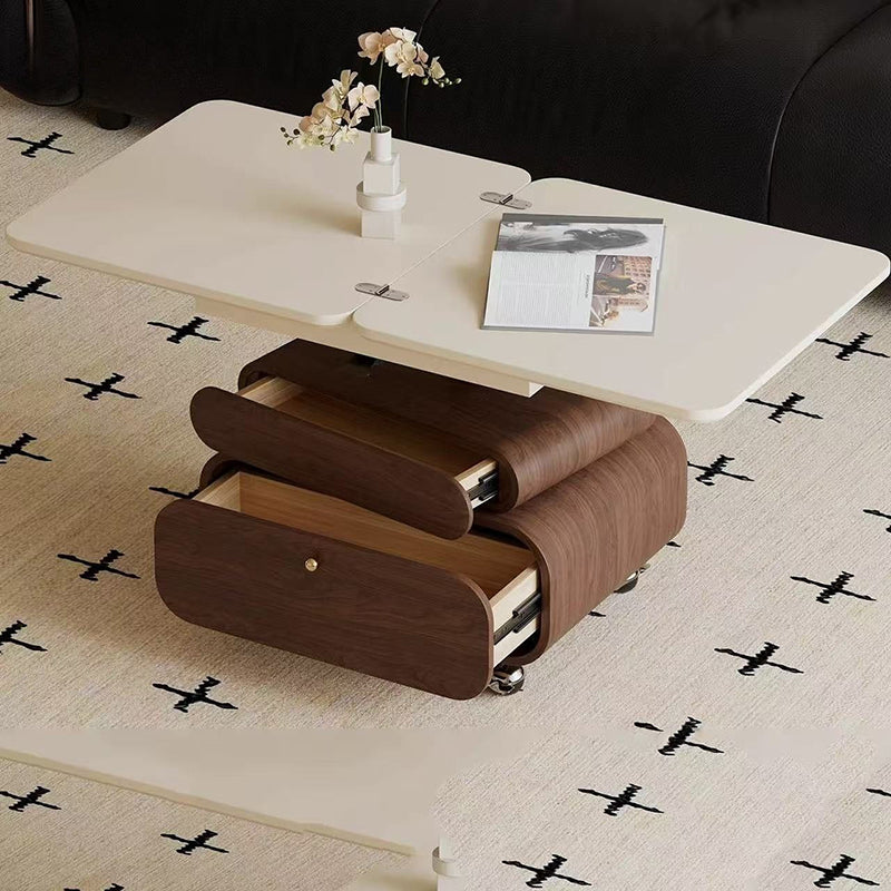 Traditional Vintage Foldable Rectangular Plywood Metal Movable Rotatable Coffee Table 2-Drawer For Bedroom