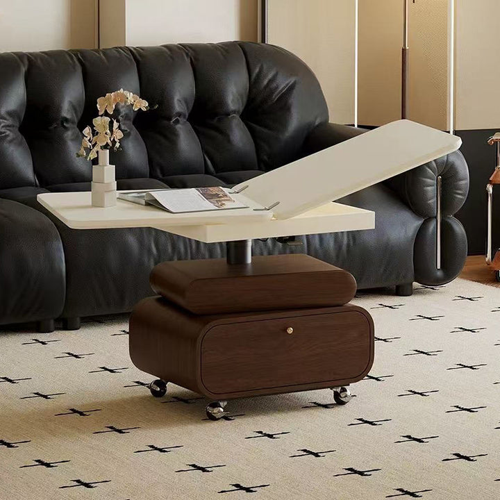 Traditional Vintage Foldable Rectangular Plywood Metal Movable Rotatable Coffee Table 2-Drawer For Bedroom