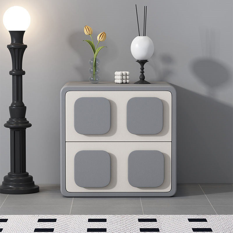 Modern Minimalist Square Plywood Solid Wood Faux Leather Metal Nightstand 2-Drawer For Bedroom