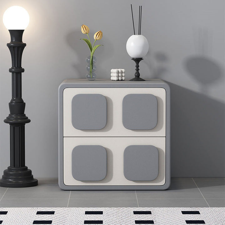 Modern Minimalist Square Plywood Solid Wood Faux Leather Metal Nightstand 2-Drawer For Bedroom