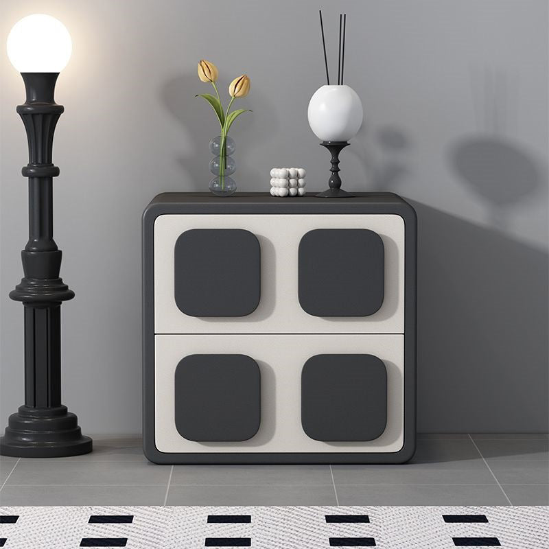 Modern Minimalist Square Solid Wood Faux Leather Metal Nightstand 2-Drawer For Bedroom
