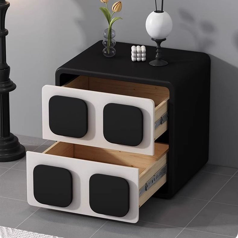 Modern Minimalist Square Solid Wood Faux Leather Metal Nightstand 2-Drawer For Bedroom