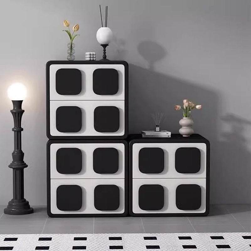 Modern Minimalist Square Solid Wood Faux Leather Metal Nightstand 2-Drawer For Bedroom