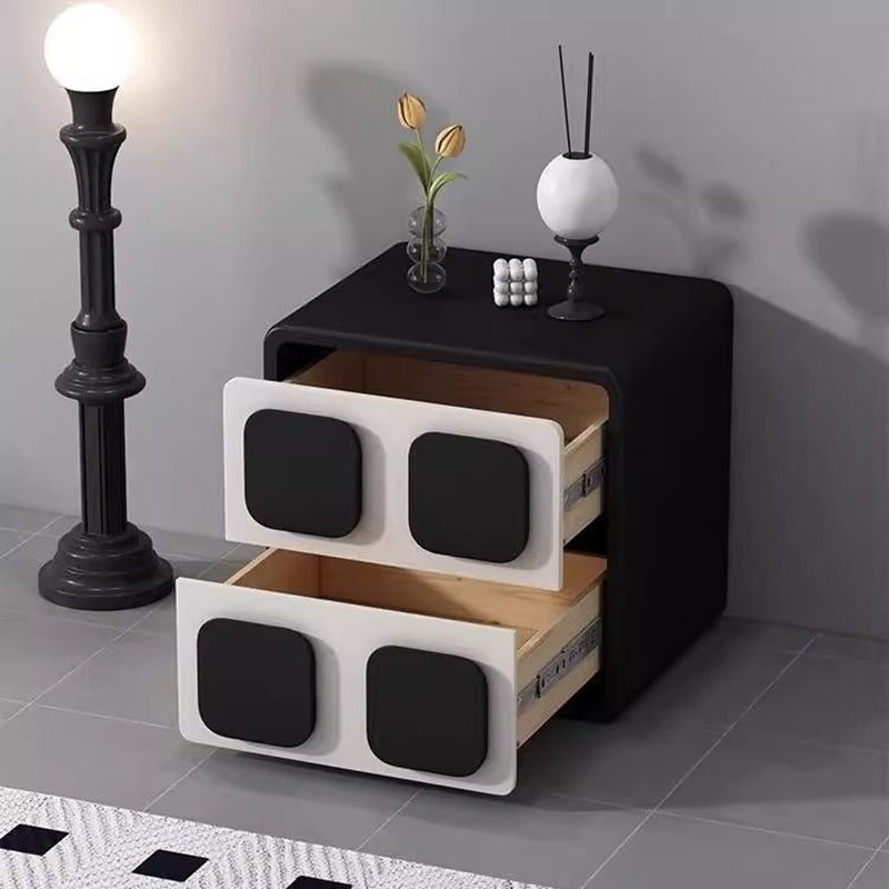 Modern Minimalist Square Solid Wood Faux Leather Metal Nightstand 2-Drawer For Bedroom