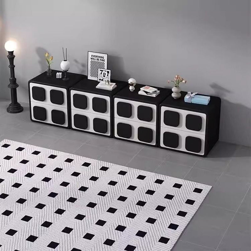 Modern Minimalist Square Solid Wood Faux Leather Metal Nightstand 2-Drawer For Bedroom