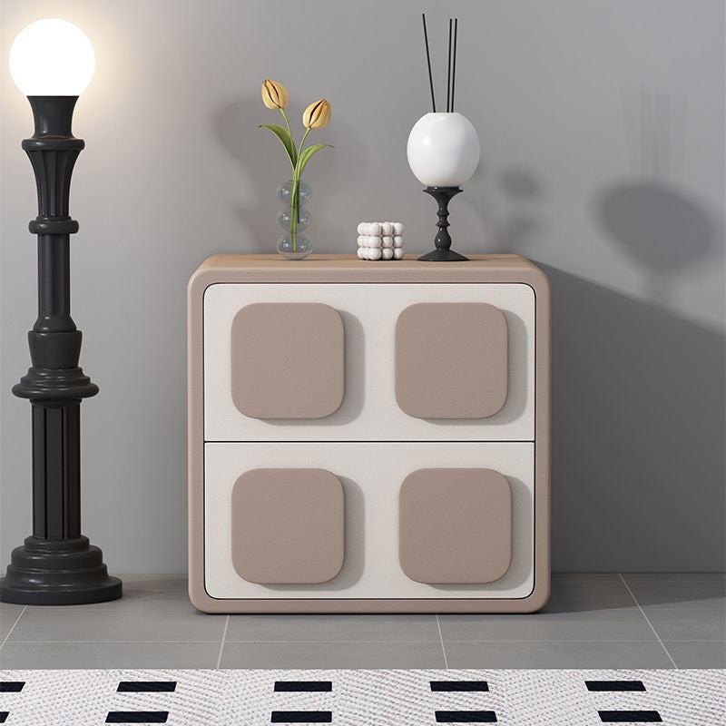 Modern Minimalist Square Plywood Solid Wood Faux Leather Metal Nightstand 2-Drawer For Bedroom