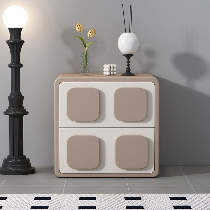 Modern Minimalist Square Plywood Solid Wood Faux Leather Metal Nightstand 2-Drawer For Bedroom