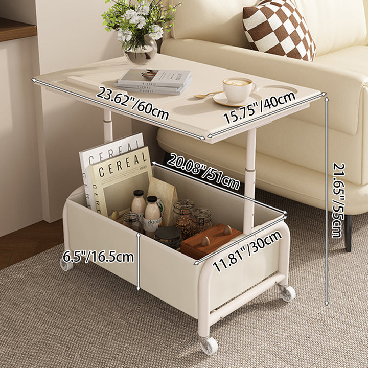 Mesa auxiliar elevable y móvil de dos niveles, rectangular, minimalista moderna, de MDF, acero al carbono y tela, para salón 