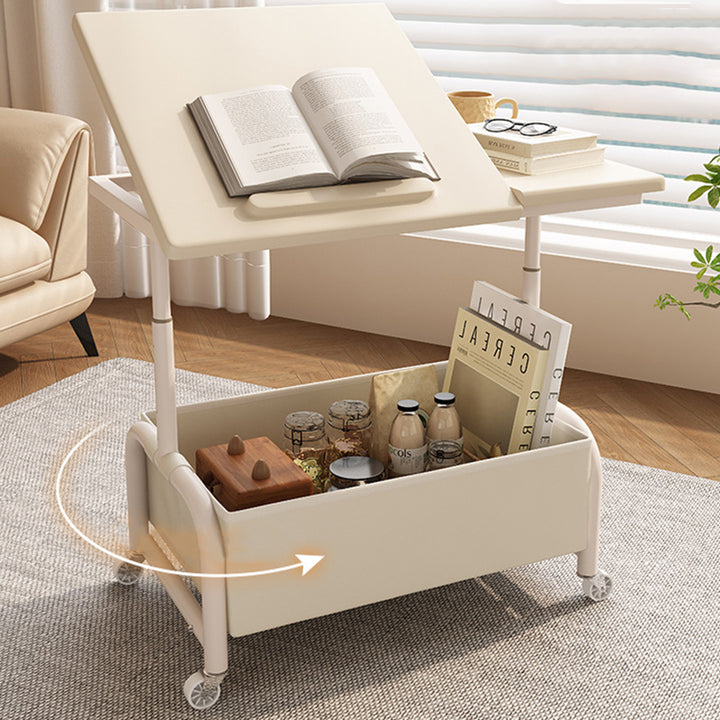 Mesa auxiliar elevable y móvil de dos niveles, rectangular, minimalista moderna, de MDF, acero al carbono y tela, para salón 