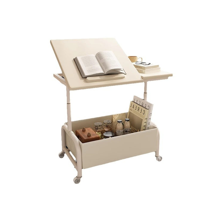 Mesa auxiliar elevable y móvil de dos niveles, rectangular, minimalista moderna, de MDF, acero al carbono y tela, para salón 
