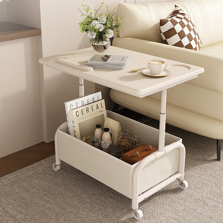 Mesa auxiliar elevable y móvil de dos niveles, rectangular, minimalista moderna, de MDF, acero al carbono y tela, para salón 