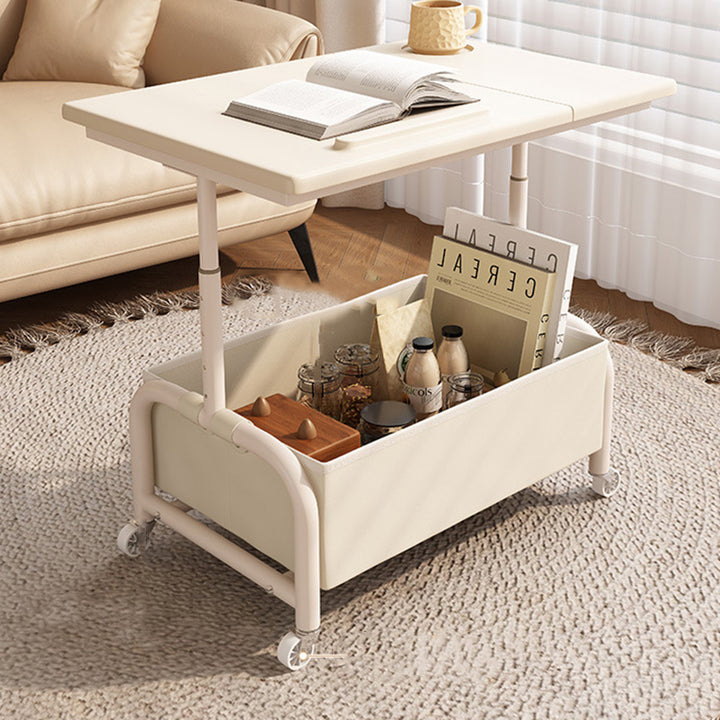 Mesa auxiliar elevable y móvil de dos niveles, rectangular, minimalista moderna, de MDF, acero al carbono y tela, para salón 