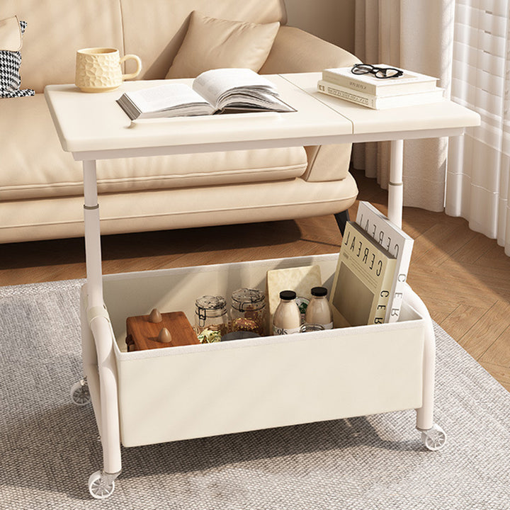 Mesa auxiliar elevable y móvil de dos niveles, rectangular, minimalista moderna, de MDF, acero al carbono y tela, para salón 