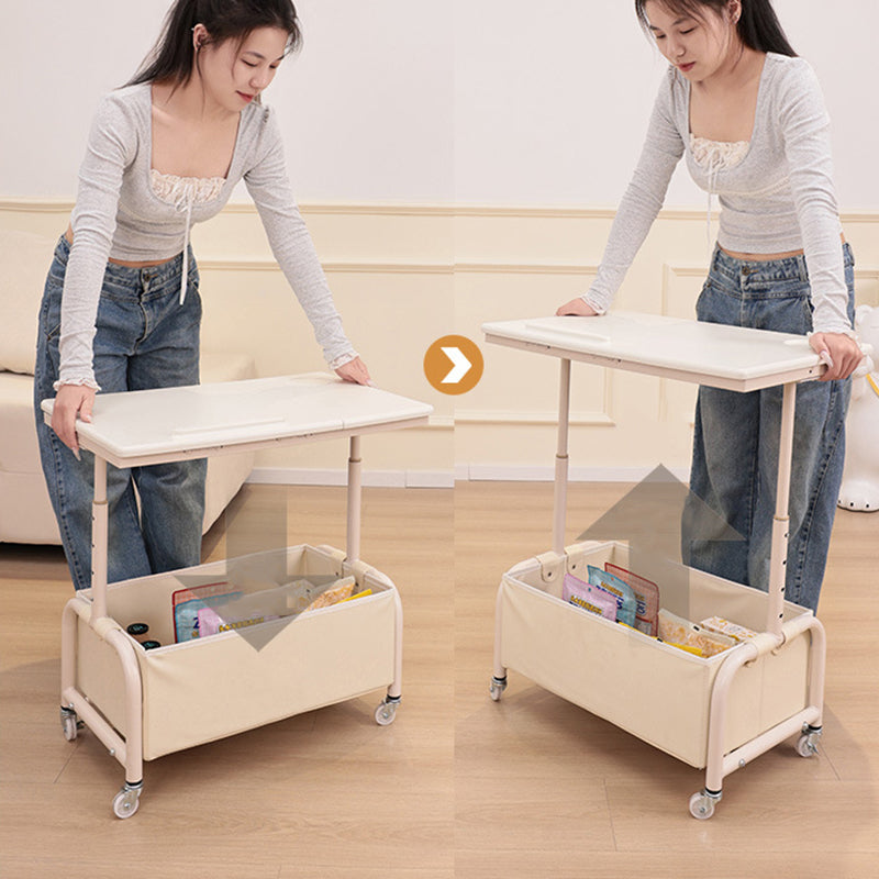 Mesa auxiliar elevable y móvil de dos niveles, rectangular, minimalista moderna, de MDF, acero al carbono y tela, para salón 